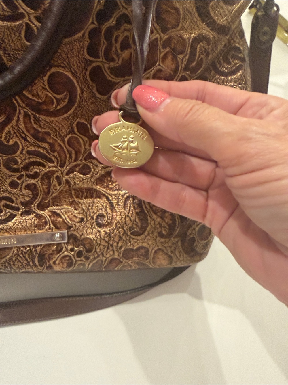 Brahmin Large Duxbury Metallic Floral Embossed Satchel in Brown and Gold - Picture 10 of 17